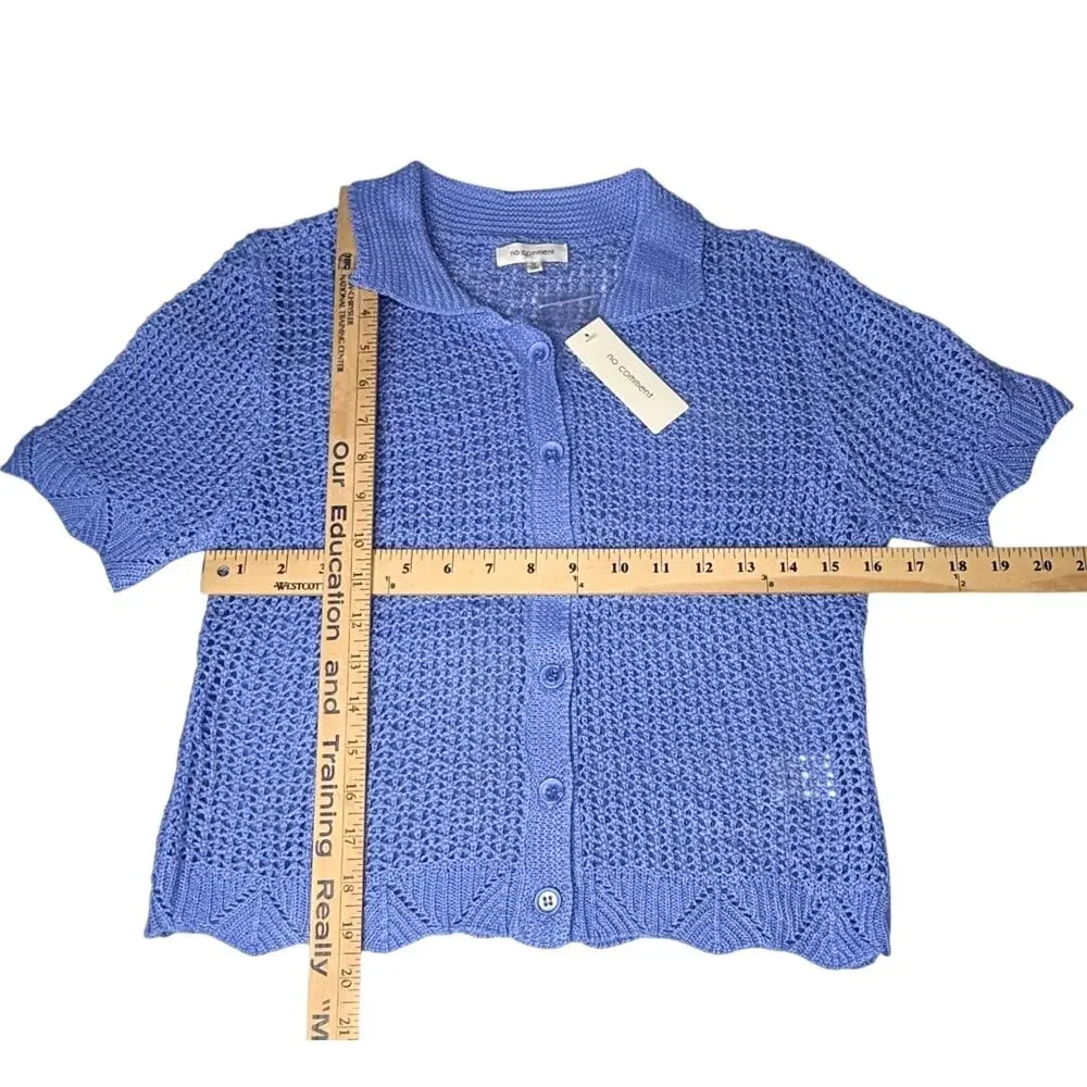 No Comment Crochet Top Blue Spread Collar Womens Med Button Up Knit Cardigan New
